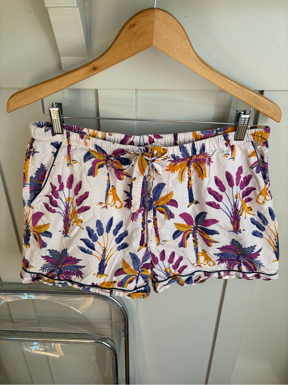 Tropical Palm Short Pajama Set in Cream with Purple & Yellow Print - Picture 5 of 10